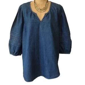 Denim 3/4 Sleeve Blouse Top SZ‎ 28 Crocheted Peasant Prairie Western Cowgirl